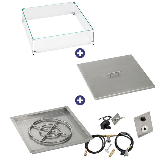 American Fire Products 24 inch square drop-in fire pit pan with 18 inch ring burner spark ignition kit and propane bundle with flame guard and cover