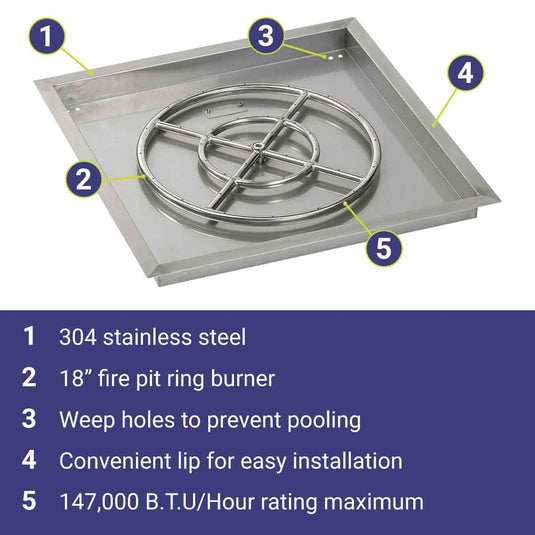 American Fire Products 24 inch stainless steel square drop-in fire pit pan with 18 inch fire ring burner featuring 304 stainless steel construction, built-in weep holes, convenient installation lip, and 147000 BTU maximum heat output