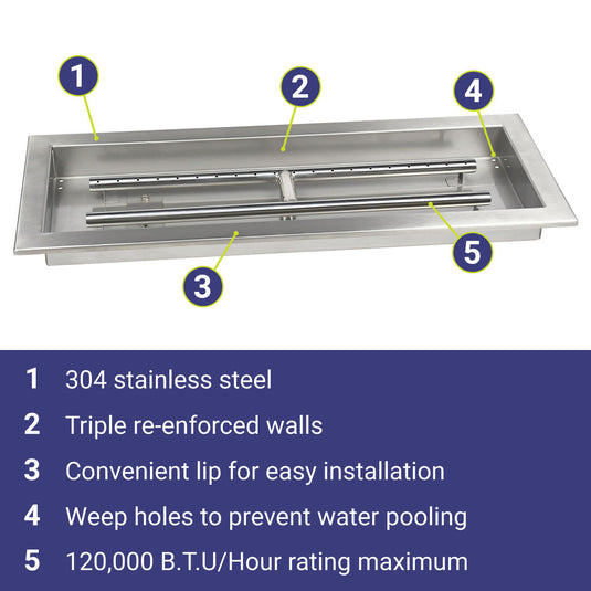 American Fire Products 24 inch x 8 inch stainless steel rectangular drop-in fire pit pan featuring 304 stainless steel construction, triple reinforced walls, convenient installation lip, weep holes to prevent water pooling, and 120,000 BTU maximum heat output.