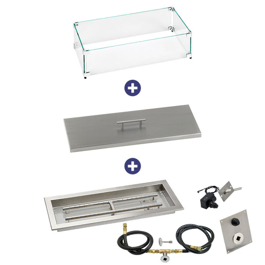 American Fire Products 24 inch x 8 inch Rectangular Drop-In Fire Pit Pan with Spark Ignition Kit Natural Gas Bundle with flame guard and burner cover
