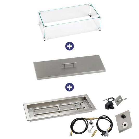 American Fire Products 24 inch x 8 inch Rectangular Drop-In Fire Pit Pan with Spark Ignition Kit Propane Bundle with flame guard and burner cover