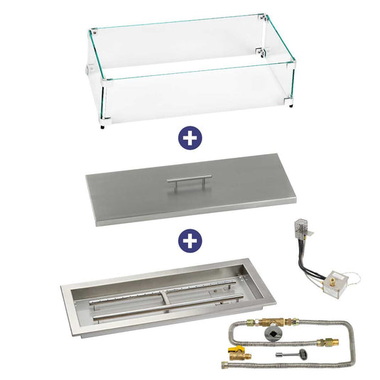 American Fire Products 24 inch x 8 inch Rectangular Stainless Steel Drop-In Fire Pit Pan with AWEIS System Natural Gas Bundle with flame guard and burner cover