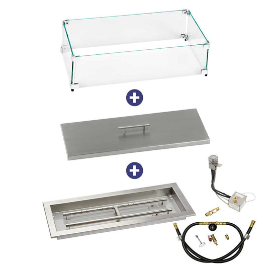 American Fire Products 24 inch x 8 inch Rectangular Stainless Steel Drop-In Fire Pit Pan with AWEIS System Whole House Propane Bundle with flame guard and burner cover