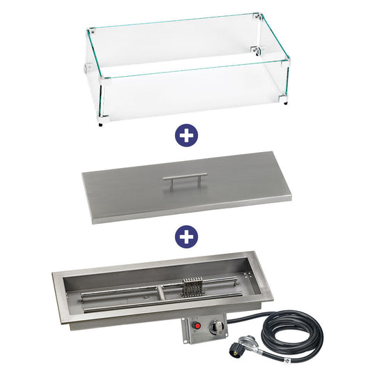 American Fire Products 24 inch x 8 inch rectangular stainless steel drop-in fire pit pan with CSA certified electric ignition system bundle with flame guard and burner cover