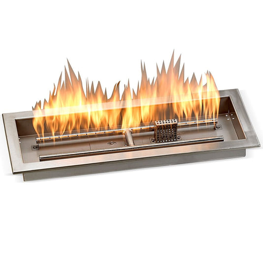 American Fire Products 24 inch by 8 inch stainless steel linear drop-in fire pit pan CSA certified electric ignition system showing active flame output across linear burner for outdoor gas fire feature
