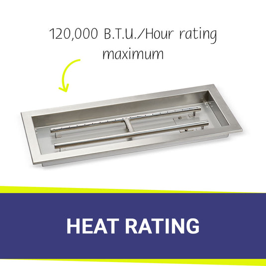 American Fire Products 24x8 rectangular drop-in fire pit pan with 120000 BTU per hour maximum heat rating stainless steel burner system for outdoor fire pits