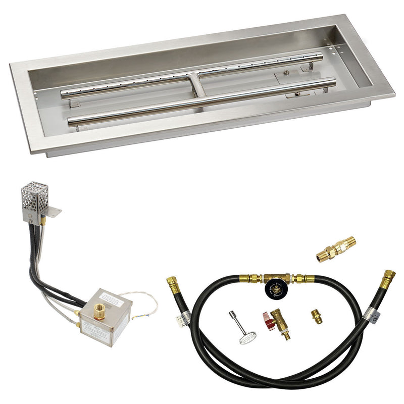 Load image into Gallery viewer, American Fire Products 24 x 8 rectangular stainless steel drop-in pan with AWEIS electronic ignition system, built-in H-burner, and propane air mixer for whole house propane fire pits
