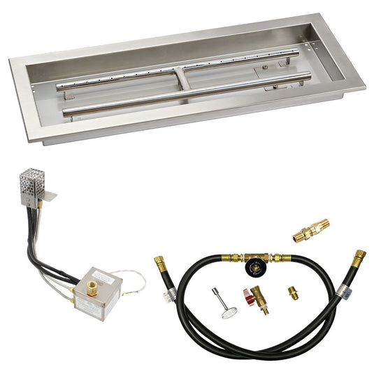 American Fire Products 24 x 8 rectangular stainless steel drop-in pan with AWEIS electronic ignition system, built-in H-burner, and propane air mixer for whole house propane fire pits