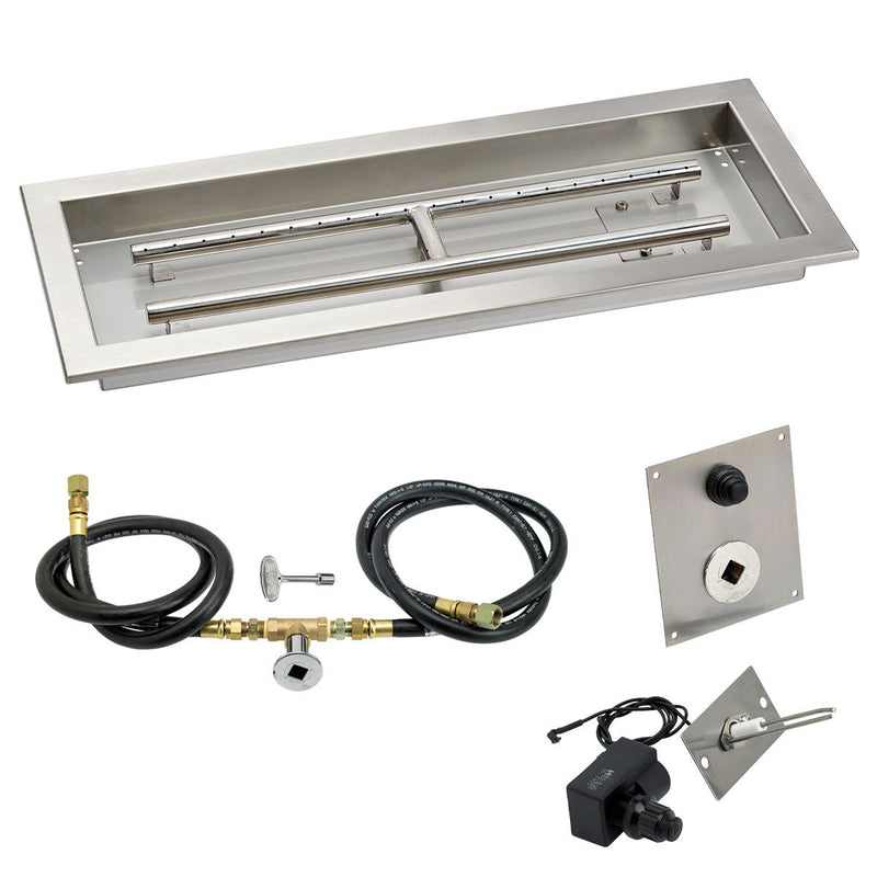 Load image into Gallery viewer, American Fire Products 24 x 8 inch rectangular stainless steel drop-in fire pit pan with natural gas spark ignition kit featuring built-in H-burner and durable stainless steel construction
