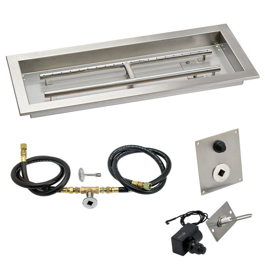 American Fire Products 24 x 8 inch rectangular stainless steel drop-in fire pit pan with natural gas spark ignition kit featuring built-in H-burner and durable stainless steel construction