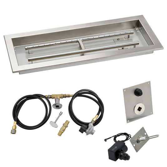 American Fire Products 24 x 8 inch rectangular stainless steel drop-in fire pit pan with propane spark ignition kit featuring built-in H-burner, air mixer, and regulator