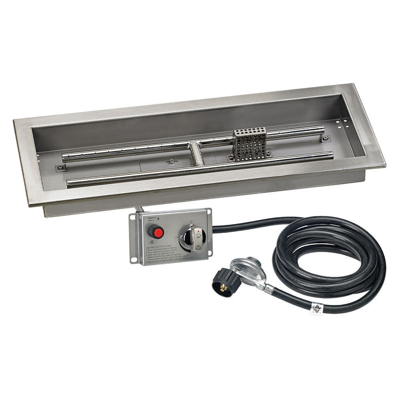 Load image into Gallery viewer, 24 inch by 8 inch stainless steel rectangular drop-in fire pit pan with electric ignition system kit CSA certified by American Fire Products
