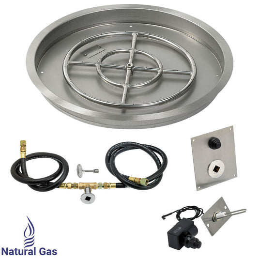 American Fire Products 25 inch round stainless steel drop-in fire pit pan with 18 inch fire pit ring burner and natural gas spark ignition kit