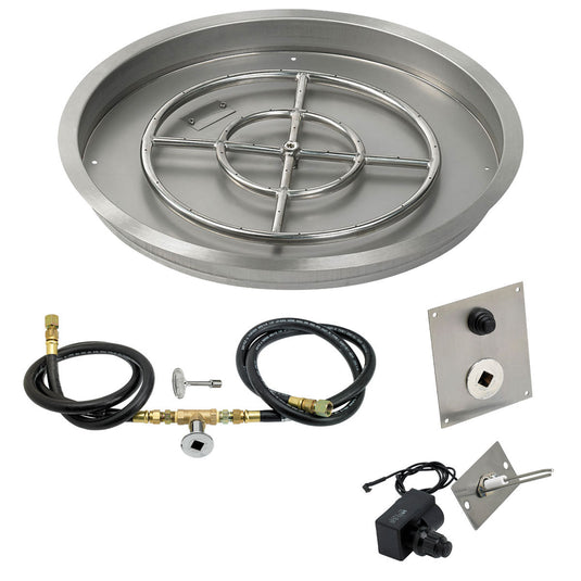 American Fire Products 25 inch round stainless steel drop-in fire pit pan with 18 inch fire pit ring burner and natural gas spark ignition kit