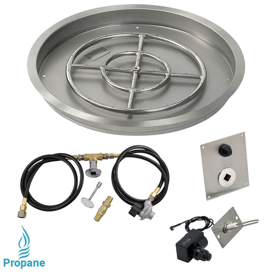 American Fire Products 25 inch round stainless steel drop-in fire pit pan with 18 inch fire pit ring burner and propane spark ignition kit