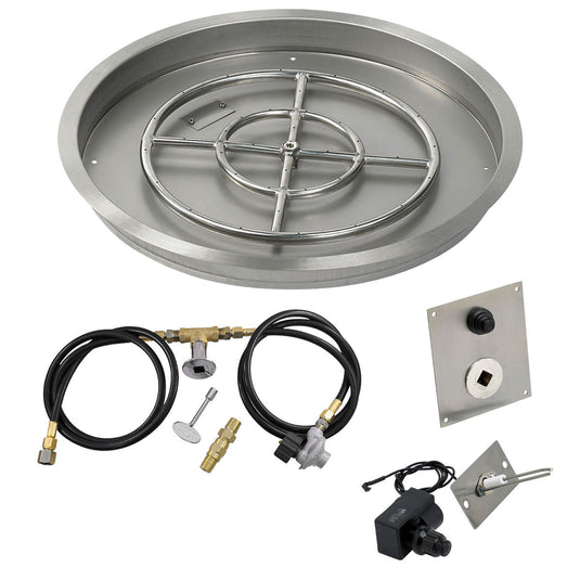American Fire Products 25 inch round stainless steel drop-in fire pit pan with 18 inch fire pit ring burner and propane spark ignition kit
