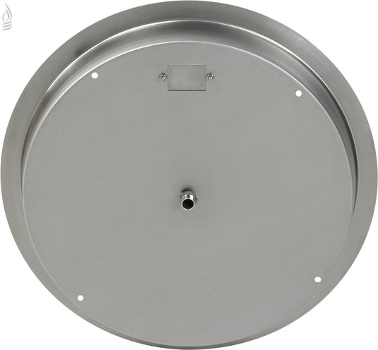 Bottom view of the American Fire Products 25 inch stainless steel round drop-in fire pit pan showing built-in 1/2 inch bottom gas inlet