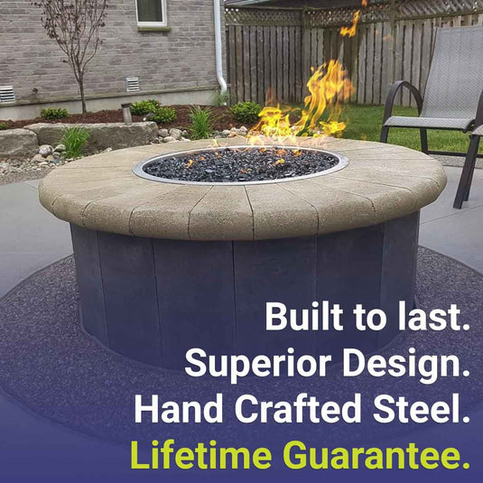 American Fire Products 25 inch stainless steel round drop-in fire pit pan with 18 inch ring burner featuring built-to-last performance, superior design, handcrafted steel construction, and Lifetime Guarantee