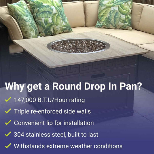 American Fire Products 25 inch stainless steel round drop-in fire pit pan with 18 inch fire ring burner featuring 304 stainless steel construction, built-in weep holes, convenient installation lip, and 147000 BTU maximum heat output