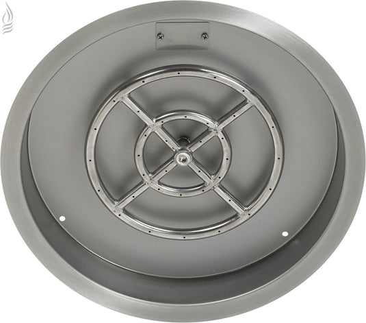 Top view of the American Fire Products 25 inch stainless steel round drop-in fire pit pan with included 18 inch ring burner