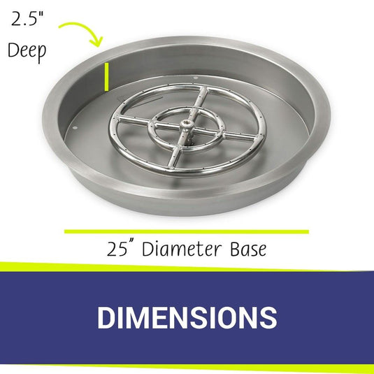 Dimensions of American Fire Products 25 Inch Round Stainless Steel Drop-In Burner Pan with 18 Inch Stainless Steel Ring Burner