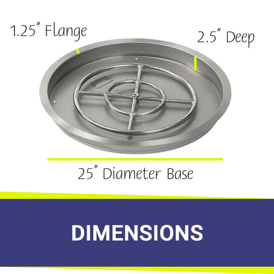 Dimensions of American Fire Products 25 Inch Round Stainless Steel Drop-In Burner Pan with 18 Inch Stainless Steel Ring Burner