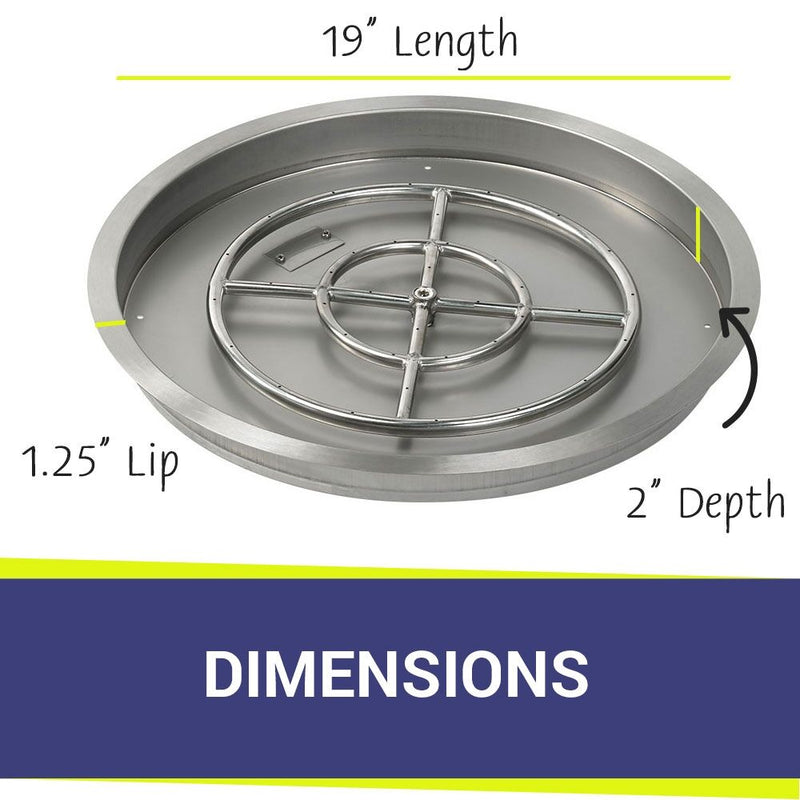 Load image into Gallery viewer, Dimensions of American Fire Products 25 Inch Round Stainless Steel Drop-In Burner Pan with 18 Inch Stainless Steel Ring Burner
