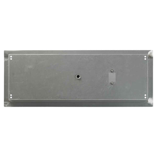 Bottom view of American Fire Products 30 inch by 10 inch stainless steel rectangular drop-in fire pit pan showing built-in 1/2 inch gas inlet