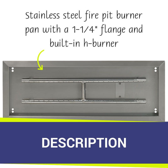 American Fire Products 30 inch by 10 inch stainless steel rectangular fire pit pan with a 1-1/4 inch flange and built-in H-burner