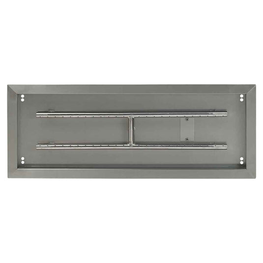 Top view of American Fire Products 30 inch by 10 inch stainless steel rectangular drop-in fire pit pan with built-in H-burner