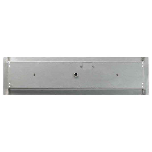 Bottom view of the American Fire Products 30 inch by 6 inch stainless steel linear drop-in fire pit pan with built-in 1/2 inch gas inlet