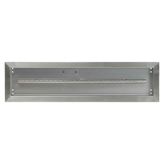Top view of the American Fire Products 30 inch by 6 inch stainless steel linear drop-in fire pit pan with built-in T-burner