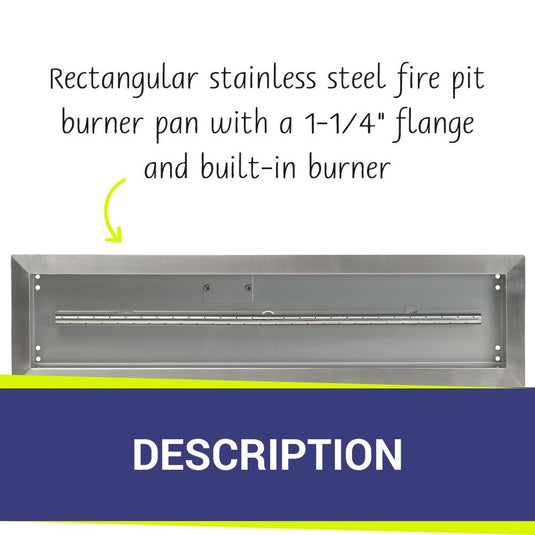 American Fire Products 30 inch by 6 inch rectangular stainless steel fire pit burner pan with a 1-1/4 inch flange and built-in T-burner