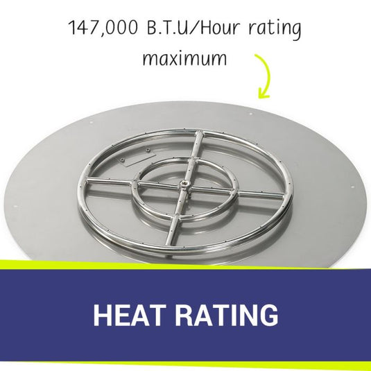 American Fire Products 30 inch round stainless steel flat pan with 18 inch fire ring highlighting the 147,000 BTU maximum heat rating for powerful and even flame performance.