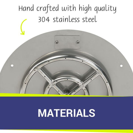 American Fire Products 30 inch round stainless steel flat pan with 18 inch fire ring highlighting handcrafted 304 stainless steel construction for long-lasting durability and performance.