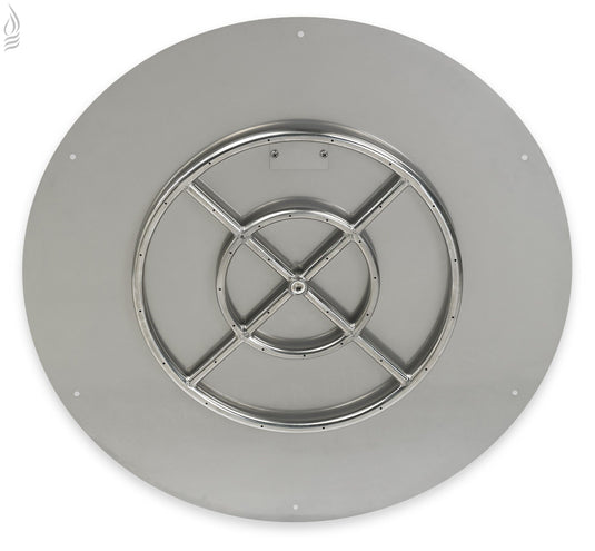 Top view of the American Fire Products 30 inch round stainless steel flat pan with included 18 inch fire ring burner.