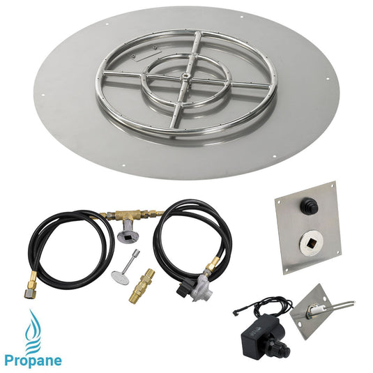 American Fire Products 30 inch round flat stainless steel fire pit pan with 18 inch ring burner and propane spark ignition kit