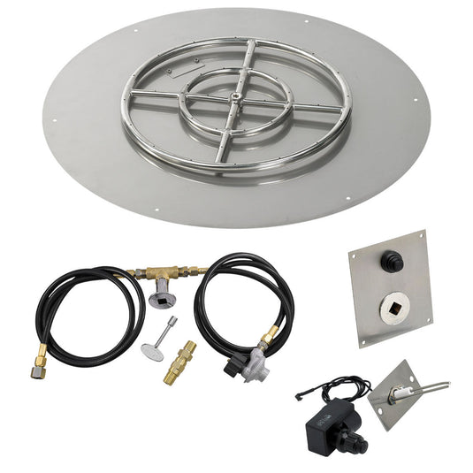 American Fire Products 30 inch round flat stainless steel fire pit pan with 18 inch ring burner and propane spark ignition kit
