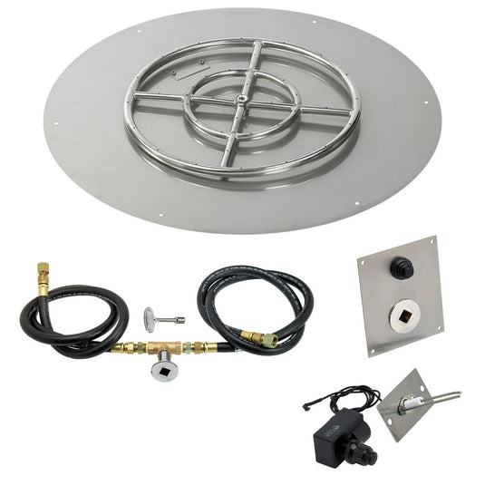 American Fire Products 30 inch round flat stainless steel fire pit pan with 18 inch ring burner and natural gas spark ignition kit