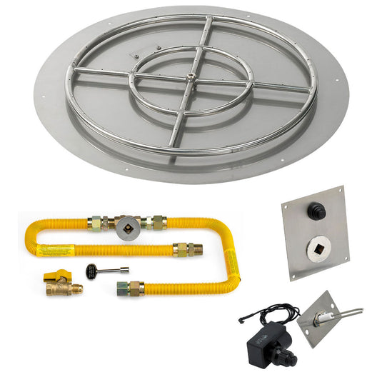 American Fire Products 30 inch round flat stainless steel fire pit pan with 24 inch fire pit ring burner and natural gas high capacity spark ignition kit