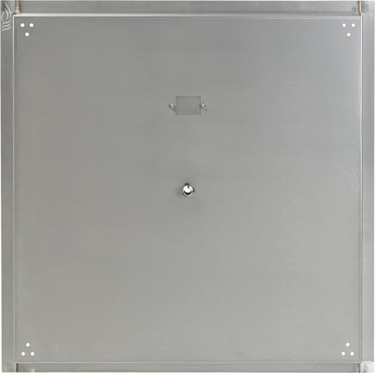 Bottom view of the American Fire Products 30 inch stainless steel square drop-in fire pit pan showing built-in 1/2 inch bottom gas inlet