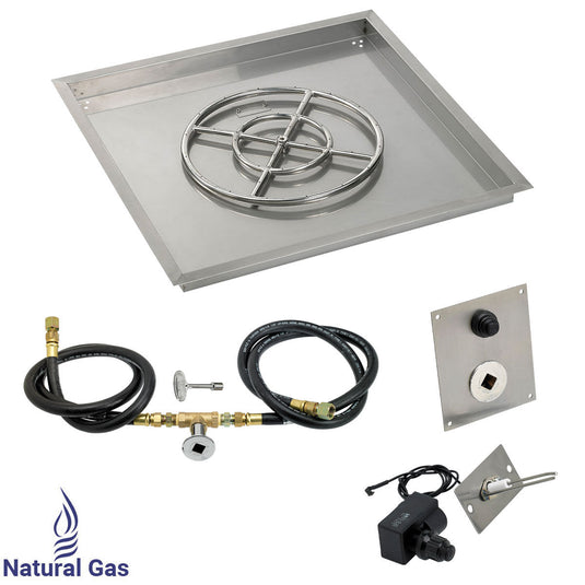 American Fire Products 30 inch square stainless steel drop-in fire pit pan with 18 inch fire pit ring burner and natural gas spark ignition kit