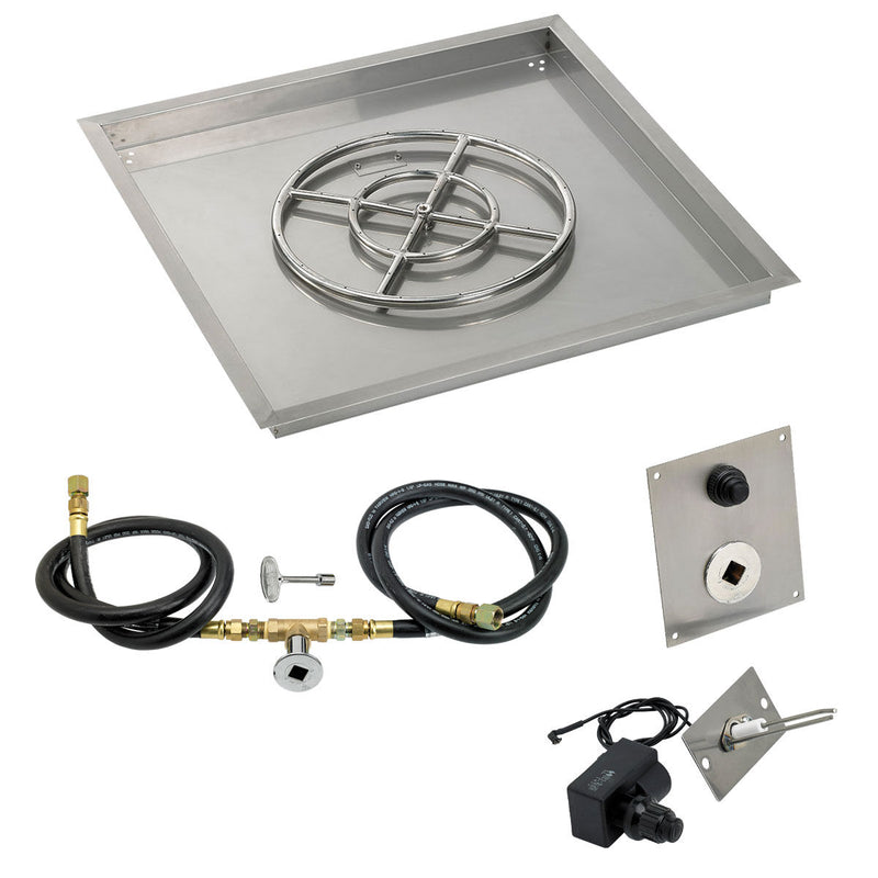 Load image into Gallery viewer, American Fire Products 30 inch square stainless steel drop-in fire pit pan with 18 inch fire pit ring burner and natural gas spark ignition kit
