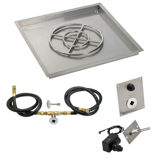 American Fire Products 30 inch square stainless steel drop-in fire pit pan with 18 inch fire pit ring burner and natural gas spark ignition kit