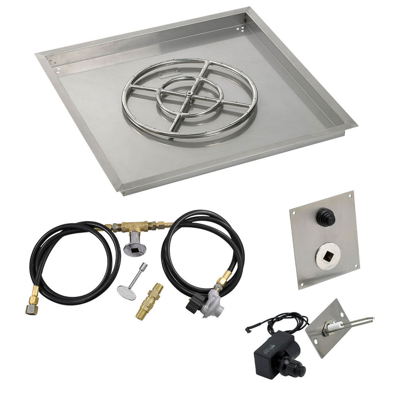 Load image into Gallery viewer, American Fire Products 30 inch square stainless steel drop-in fire pit pan with 18 inch fire pit ring burner and propane spark ignition kit
