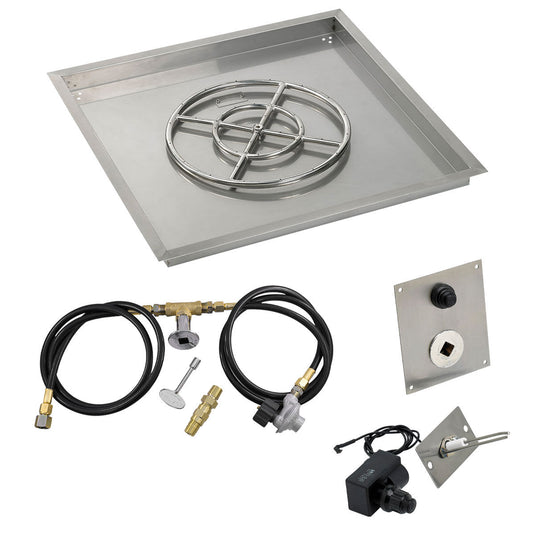American Fire Products 30 inch square stainless steel drop-in fire pit pan with 18 inch fire pit ring burner and propane spark ignition kit