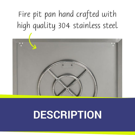 American Fire Products 30 inch stainless steel square drop-in fire pit pan with 18 inch fire ring, handcrafted from high quality 304 stainless steel