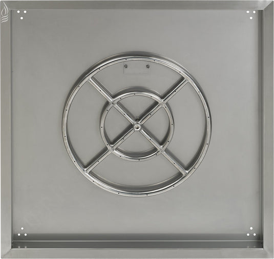 Top view of the American Fire Products 30 inch stainless steel square drop-in fire pit pan with included 18 inch fire ring burner