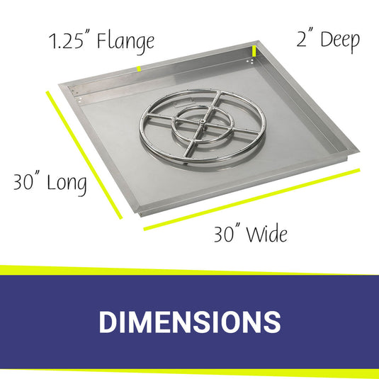 American Fire Products 30 inch stainless steel square drop-in fire pit pan with 18 inch ring burner dimensions