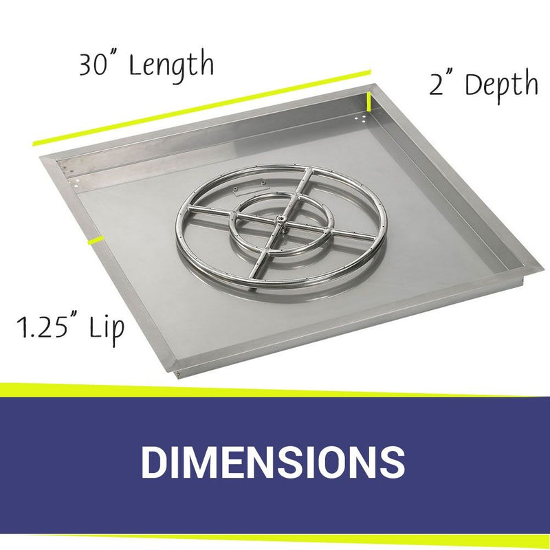 Load image into Gallery viewer, Dimensions of American Fire Products 30 Inch Square Stainless Steel Drop-In Pan with 18 Inch Stainless Steel Ring Burner
